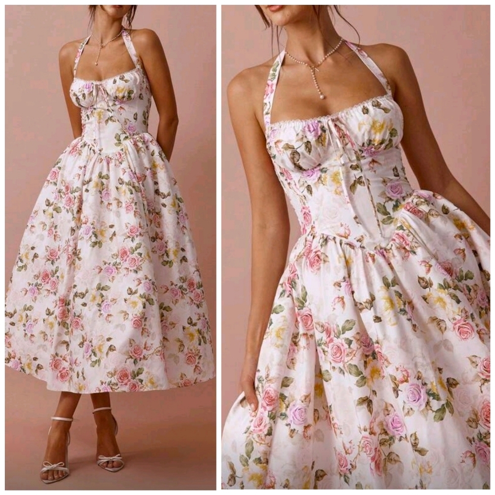 New Rose Floral Tie Halter Lace Ruched Top Midi Dress White Pink Purple